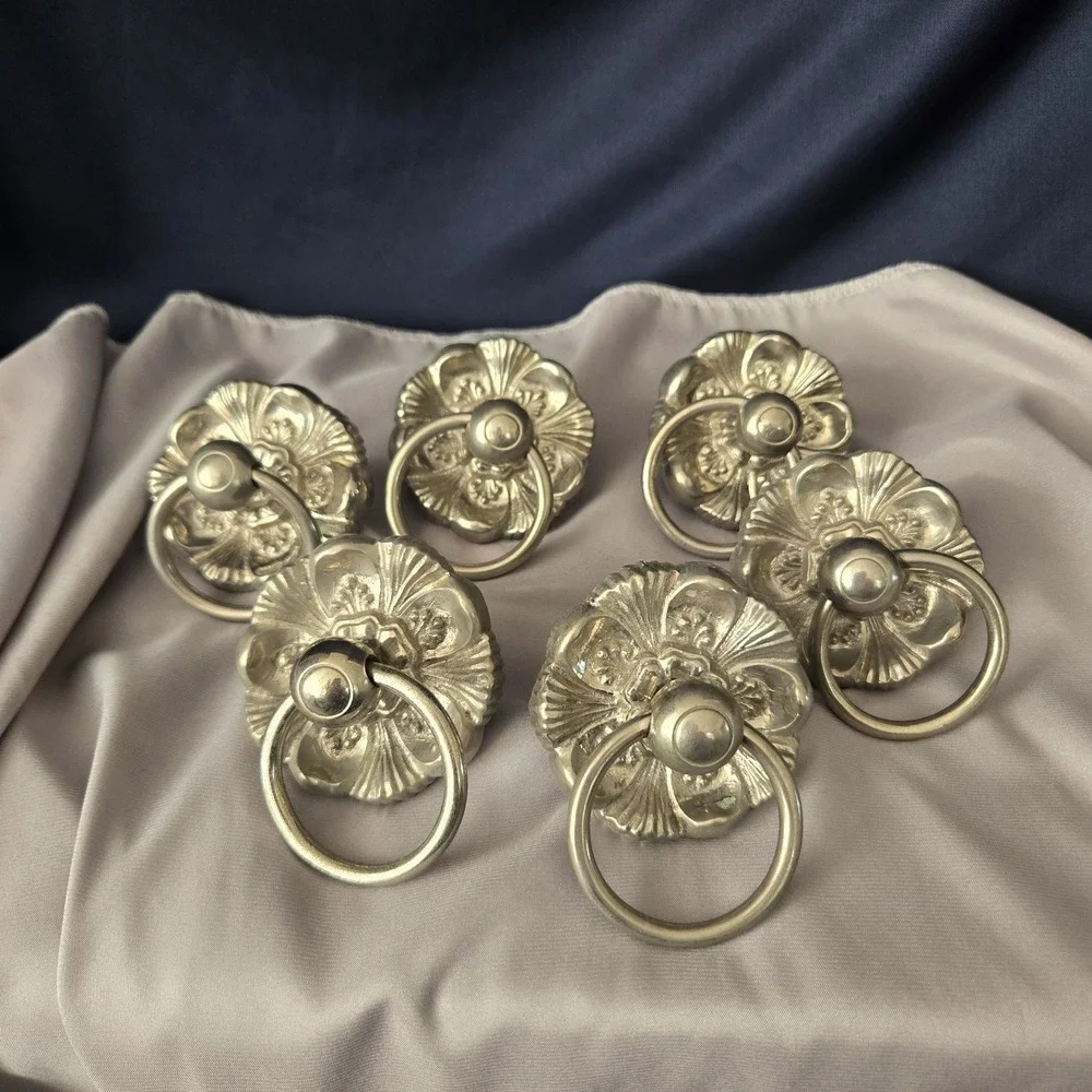 Lot of 6 Silvertone Ornate Floral Backplate w/ Central Drop Ring Drawer Pulls